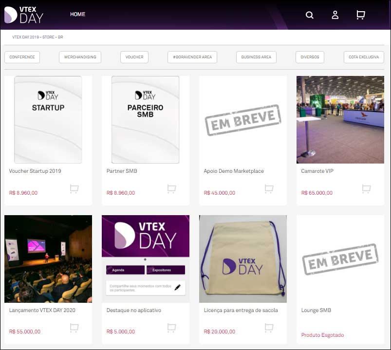 VTEX DAY Store: vista geral da lojinha de recursos para patrocinadores do VTEX DAY