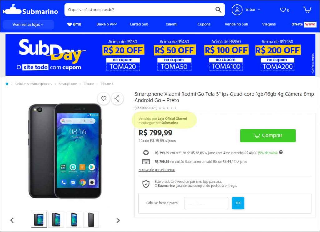 Print da loja virtual Submarino: veja no destaque (acima do preço) a indicação da Loja Oficial Xiaomi