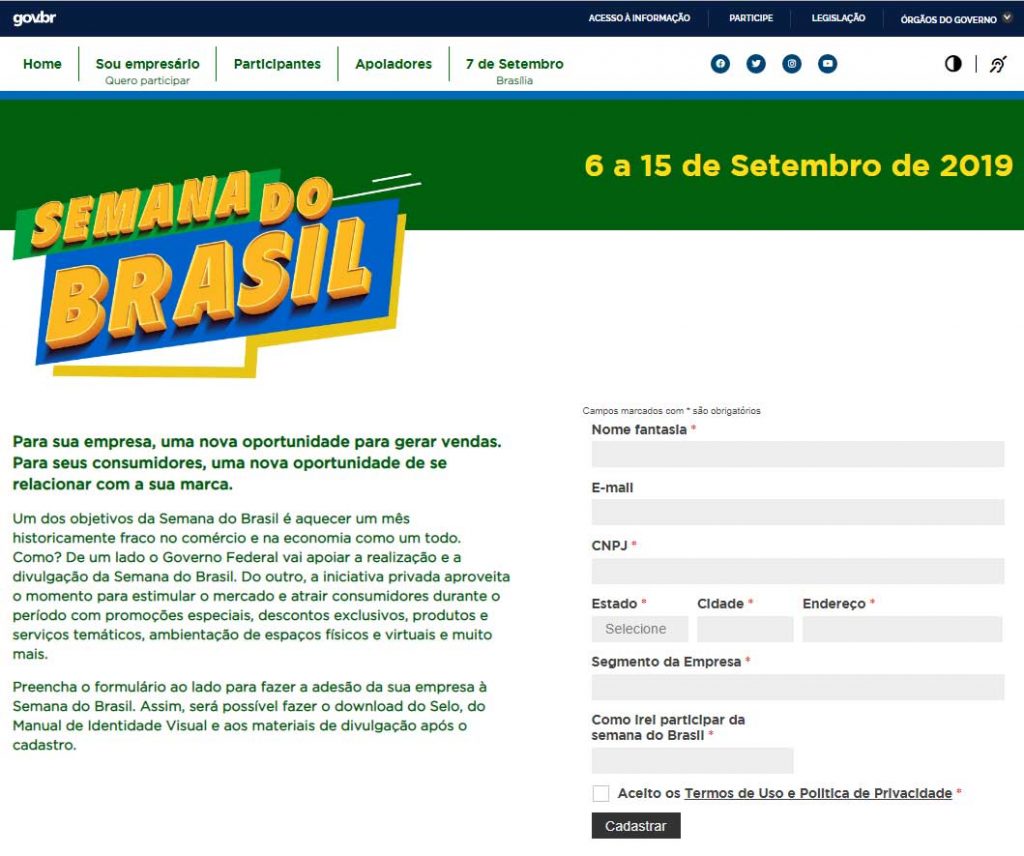 Home da versão "empresas" do site do evento Semana do Brasil