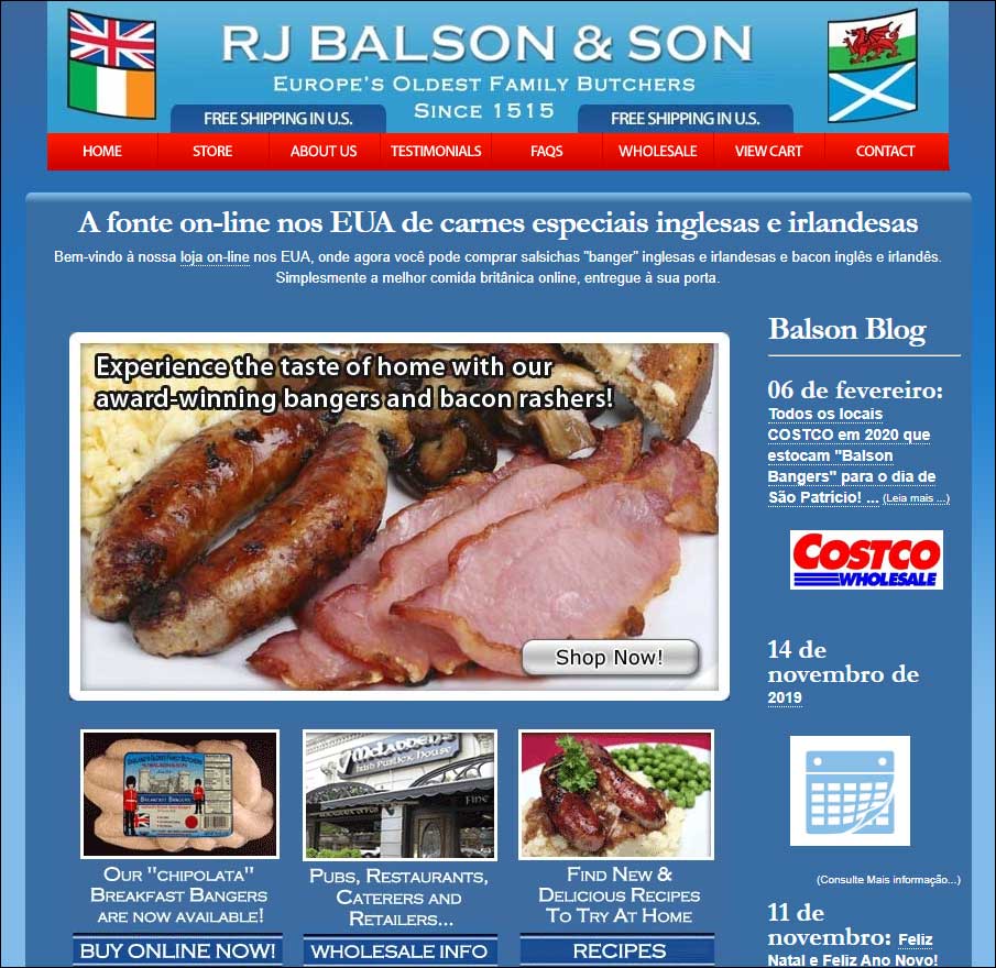 Detalhe da homepage da plataforma online RJ Balson & Son