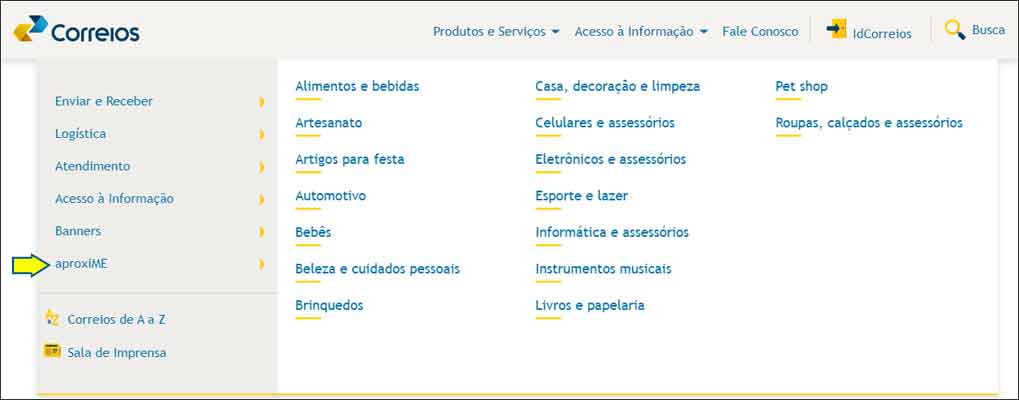 Encontre o Aproxime no menu de serviços e produtos do site dos Correios