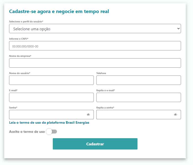 Interface de cadastro no marketplace da Brasil Comercializadora