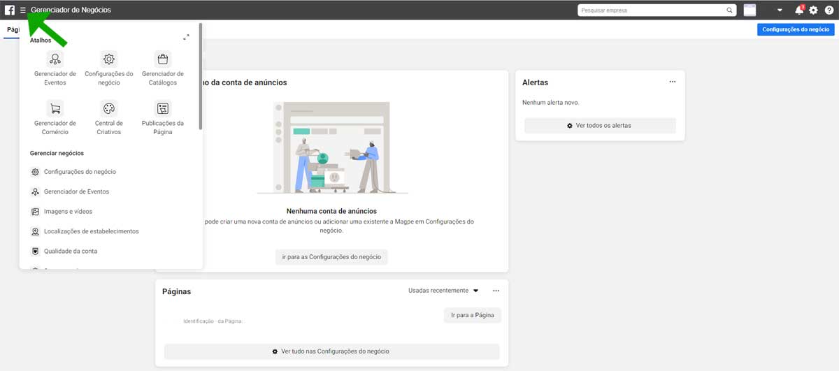 Recursos do Gerenciador de Negócios do Facebook podem ser acessados a partir do menu superior esquerdo (vide seta verde)