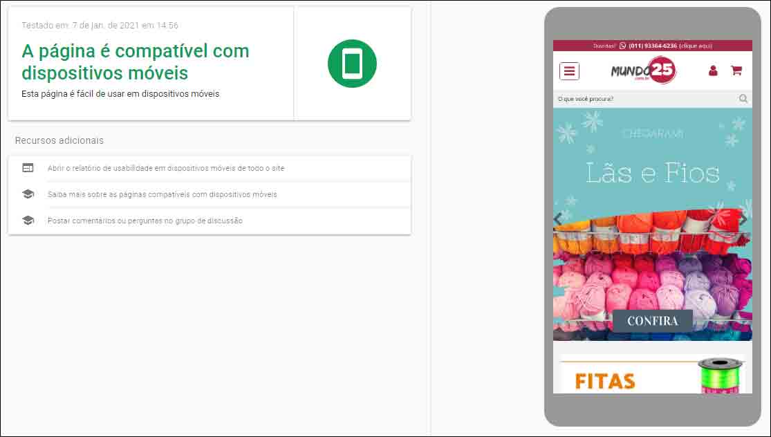 Resultado do teste do Google de compatibilidade com dispositivos móveis