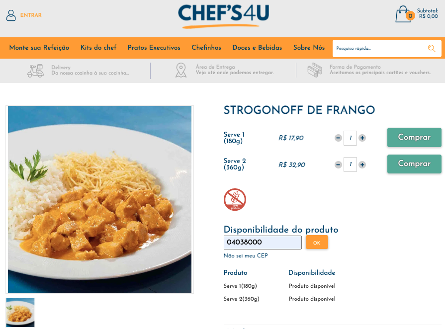 Imagem: detalhe da loja virtual Chef’s 4 U que mostra a funcionalidade de consulta de disponibilidade de pratos por região.