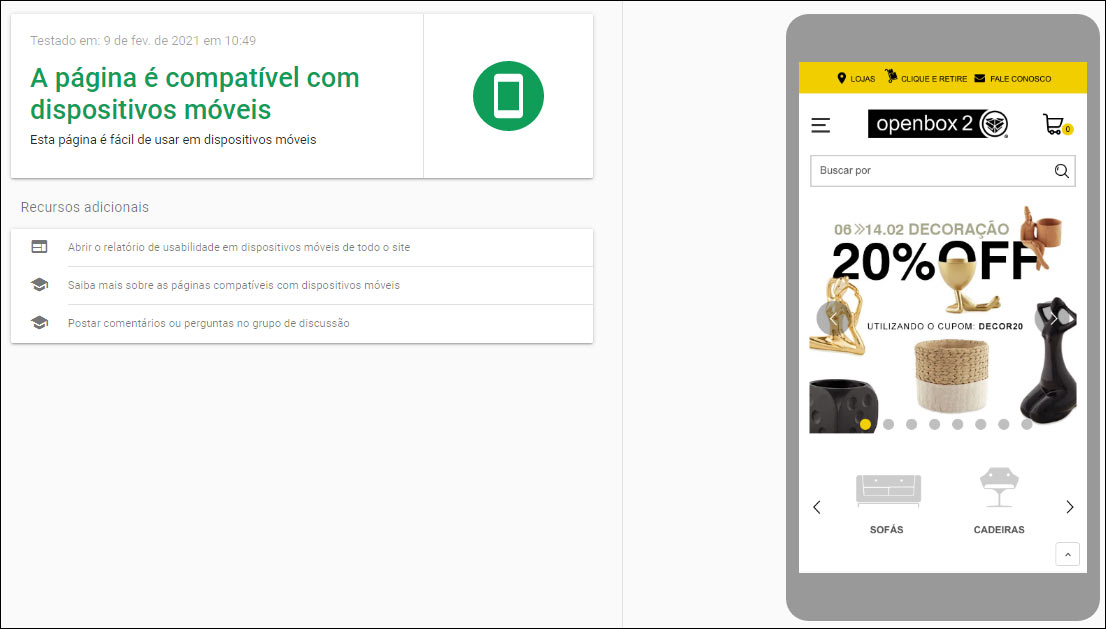 Resultado do teste com Google Mobile Friendly