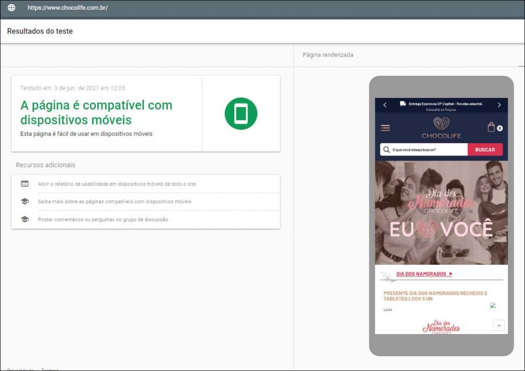 Resultado do teste com Google Mobile Friendly