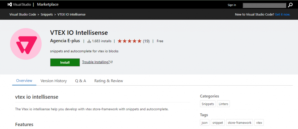 App VTEX IO Intellisense no Virtual Studio Marketplace. Imagem: @virtualstudio