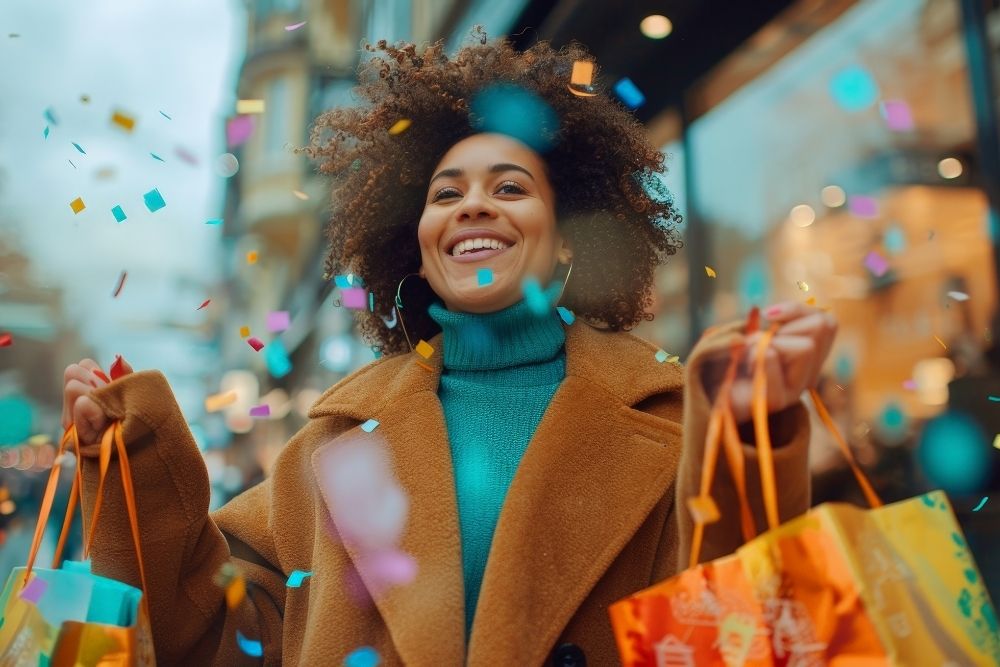 Fidelização de Clientes Pós-Black Friday Cliente mulher sorridente com várias sacolas de compras, em meio a confetes, demonstrando a alegria de uma boa estratégia de Fidelização de Clientes.