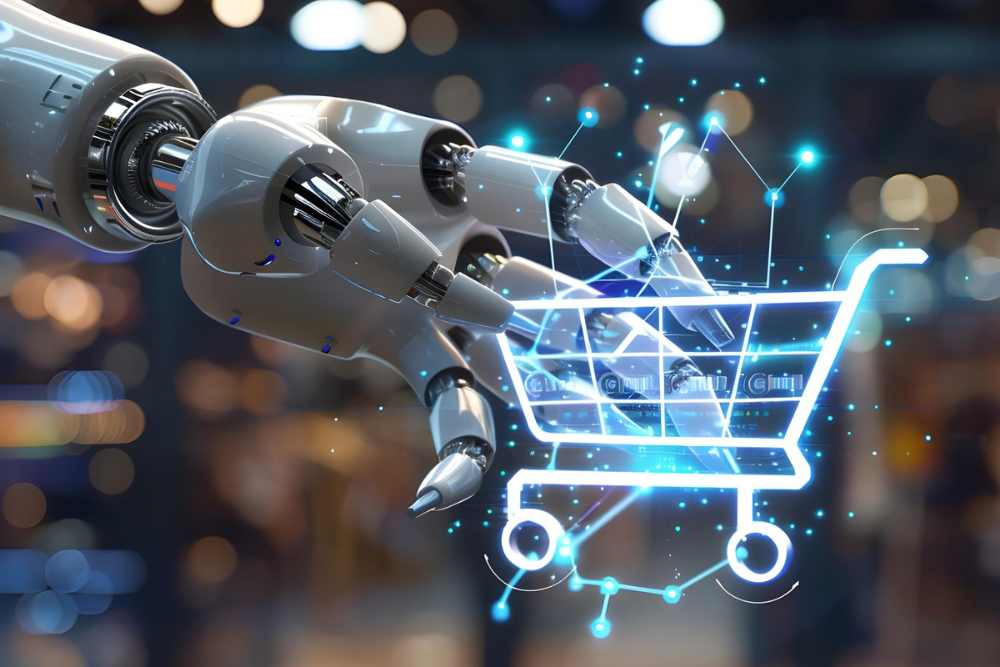 inteligência artificial no e-commerce Mão robótica futurista tocando um holograma azul de carrinho de compras, ilustrando a tecnologia por trás da inteligência artificial no e-commerce.