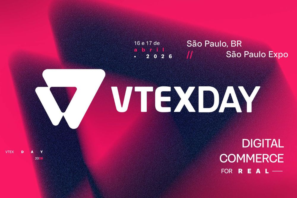 vtex day 2026 Banner oficial de divulgação do VTEX Day 2026, exibindo o logo do evento, as datas 16 e 17 de abril e o local São Paulo Expo.