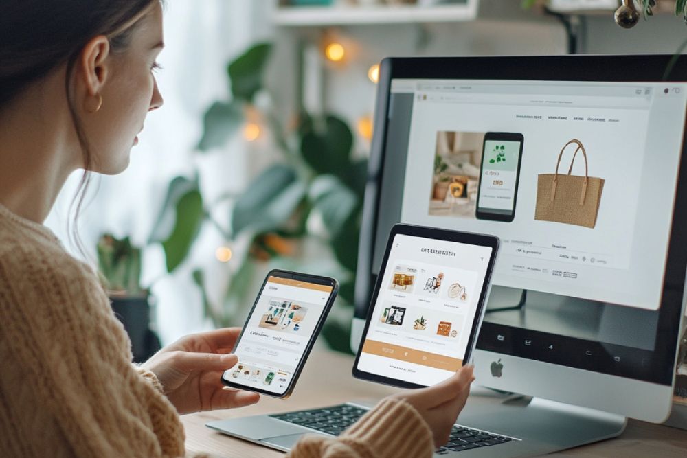 A evolução das plataformas de e-commerce Mulher visualizando o layout responsivo de plataformas de e-commerce simultaneamente nas telas de um computador, tablet e smartphone.