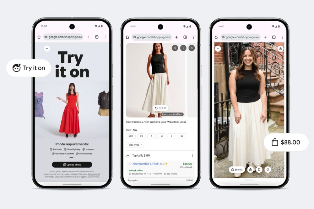 Provador Virtual com IA do Google no Brasil Três telas de celular lado a lado exibindo a interface de compras, ilustrando o provador virtual com ia do google no brasil desde a seleção da roupa até a simulação realista do caimento da peça no corpo.