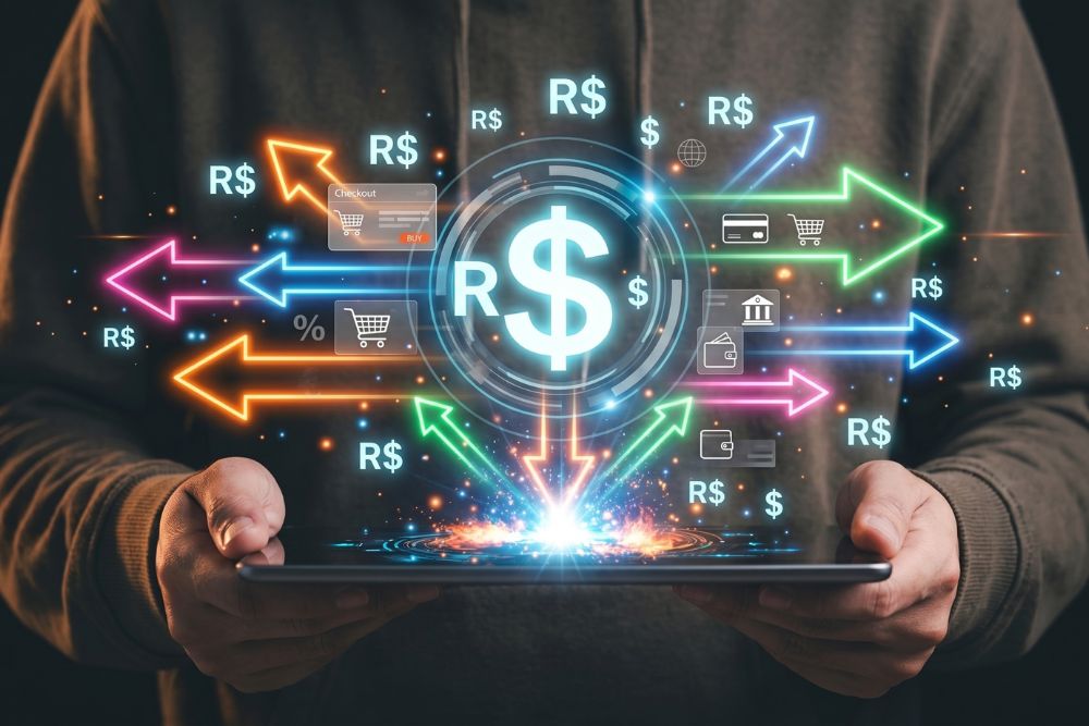 Split de pagamento dividindo o valor de uma venda em várias direções, com símbolos de R$ e ícones de cartão, carrinho e banco sobre um tablet